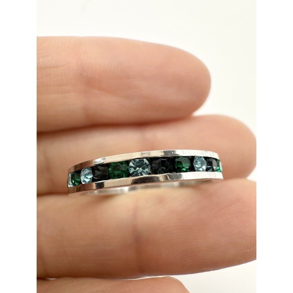 925 Sterling Silver Green Crystal Eternity Band Ring Size 6